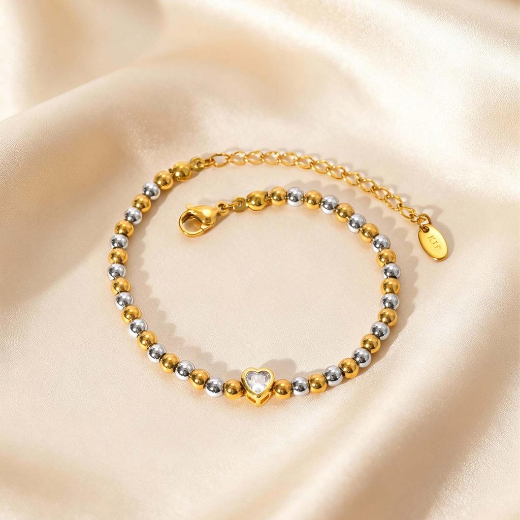 Chic Heart Zircon Beaded Chain Bracelet for Women Girls,Gold Plated Stainless Steel Waterproof Bracelets,Exquisite Daily Jewelry