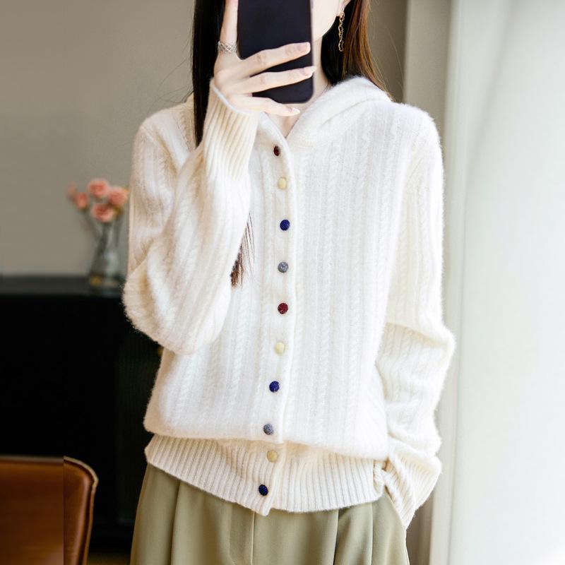 Autumn And Winter New Thickened Hooded Wool Cardigan Women'S Twisted Flower Simple Casual Lazy Wind Knitted Sweater Jacket