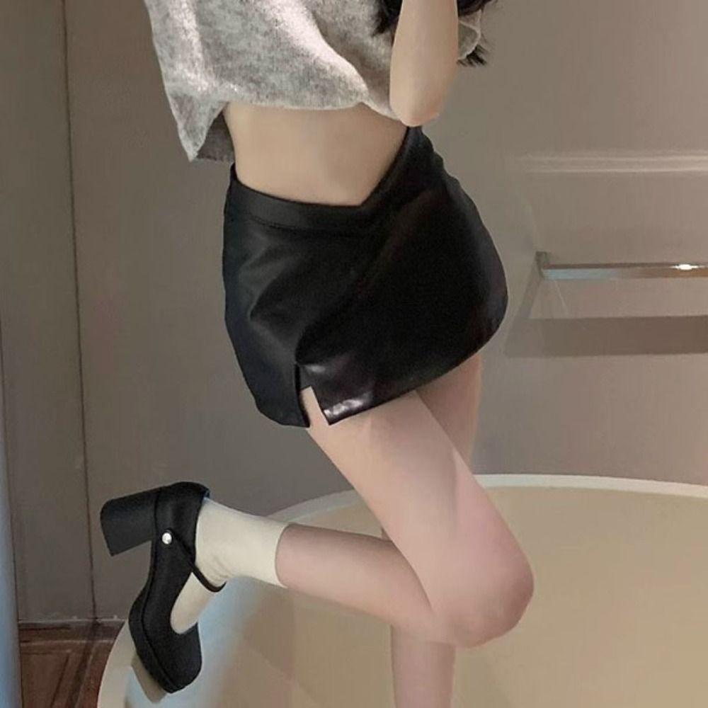 Solid Color Short Mini Skirts Split High Waist A-line Skirt Korean Style PU Leather Skirt  Girls