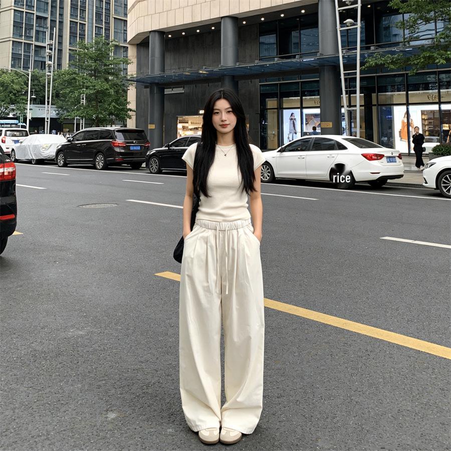 Women's Summer Yamo Wide-Leg White Pants: Casual, Loose-Fit, Milk Puff Texture