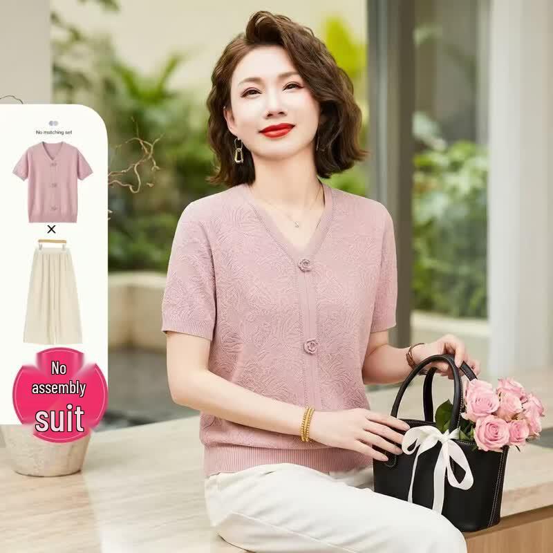 Jianhu Summer Thin Mom s Short Sleeve T-shirt & Casual Pants Two-piece Set 3XL