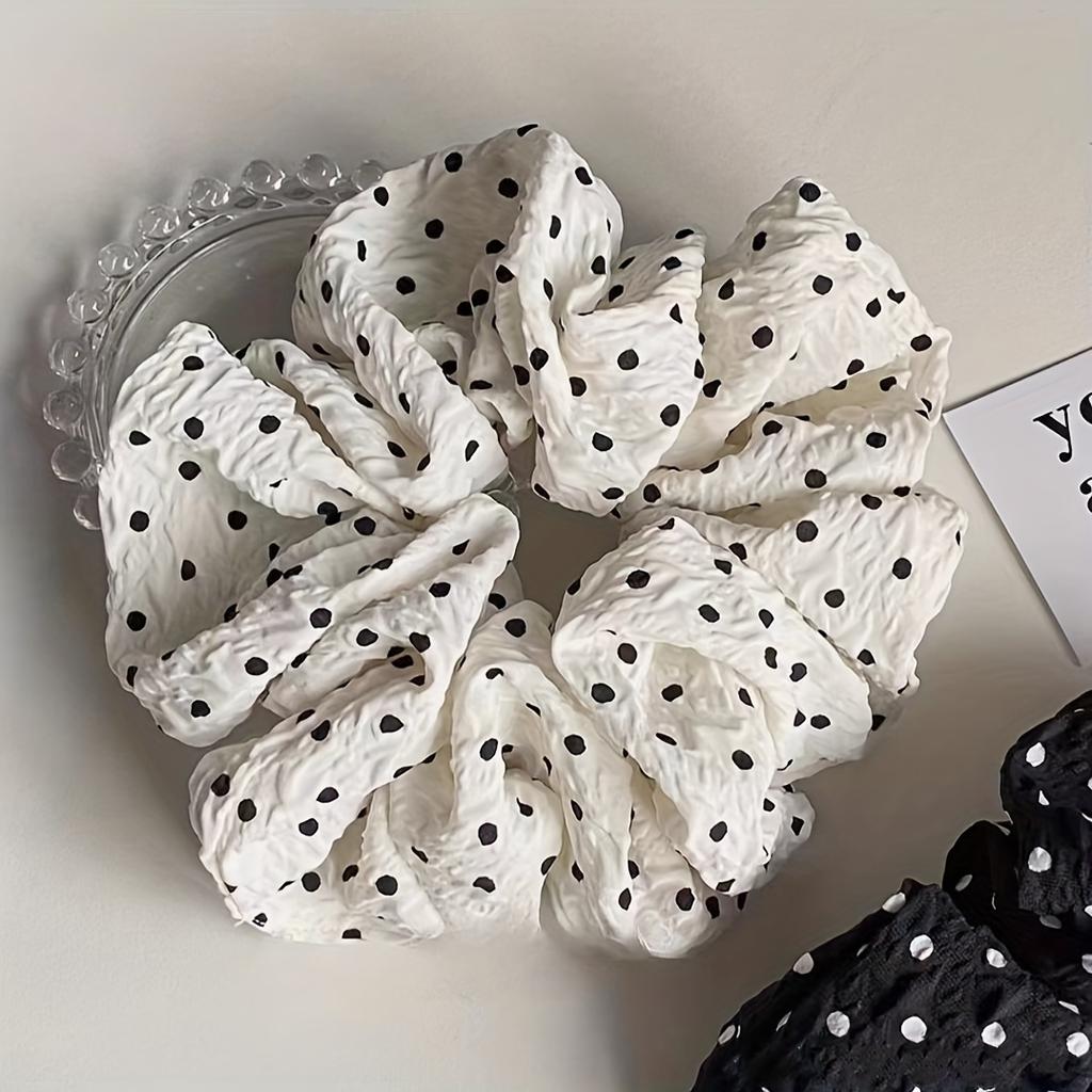 2pcs Black & Cream Polka Dot Scrunchies Hair Ties - Retro Minimalist Elastic Hair Accessories