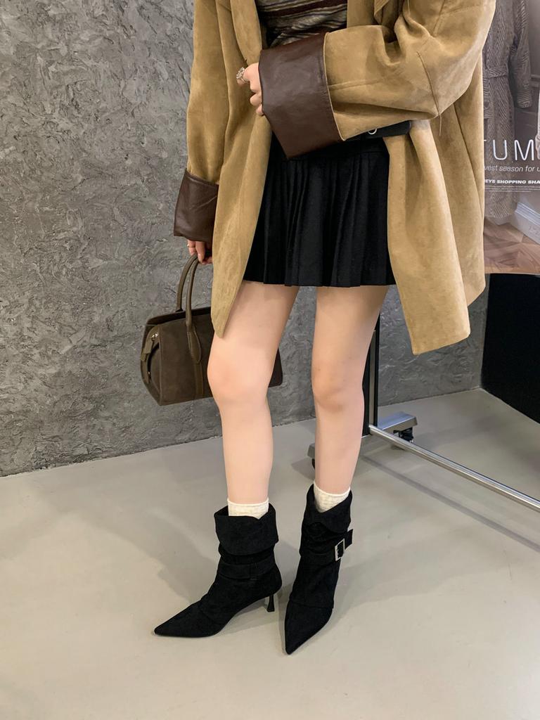 Two Wear 2025 Autumn and Winter New Pointed Thin Heel High Heel Boots Western Cowboy Boots Suede Metal Buckle Short Boots Medium Boots