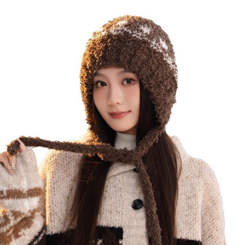 Winter hat women's large brim shows the face small knitted hat ear protection fashion versatile plush warm wool hat