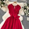 Sommer Neues Französisches Chic Maxikleid Damen V-Ausschnitt Ärmellos Schnürung A-Linie Falten Damenkleider Damen
