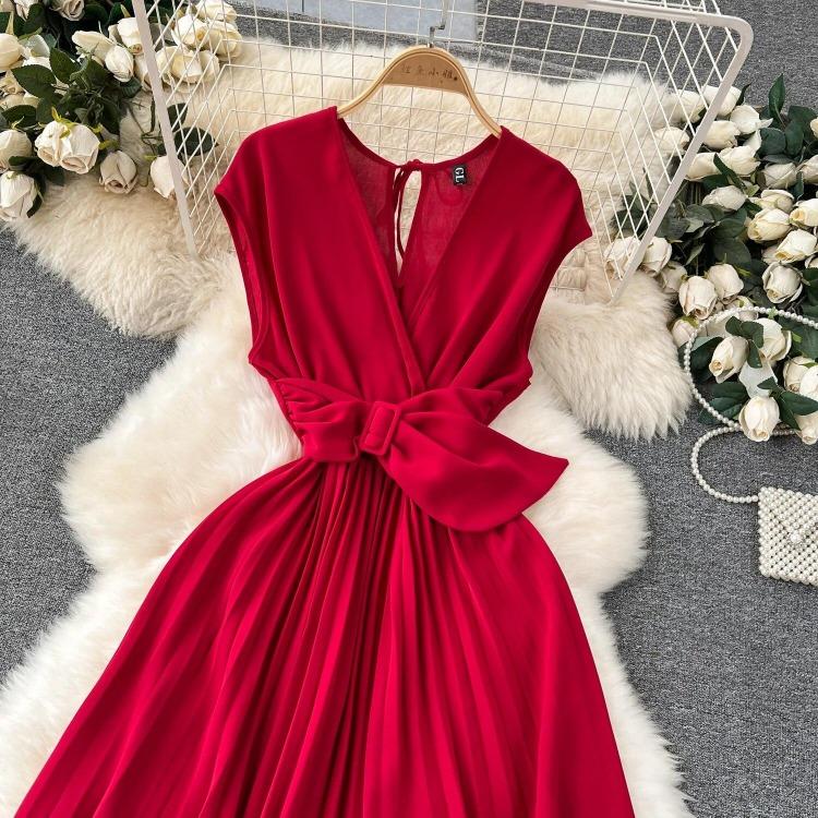 Sommer Neues Französisches Chic Maxikleid Damen V-Ausschnitt Ärmellos Schnürung A-Linie Falten Damenkleider Damen