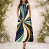 Women Plus Size Round Neck Sleeveless Black Grey Patchwork Print A Line Long Dress With Side Pockets