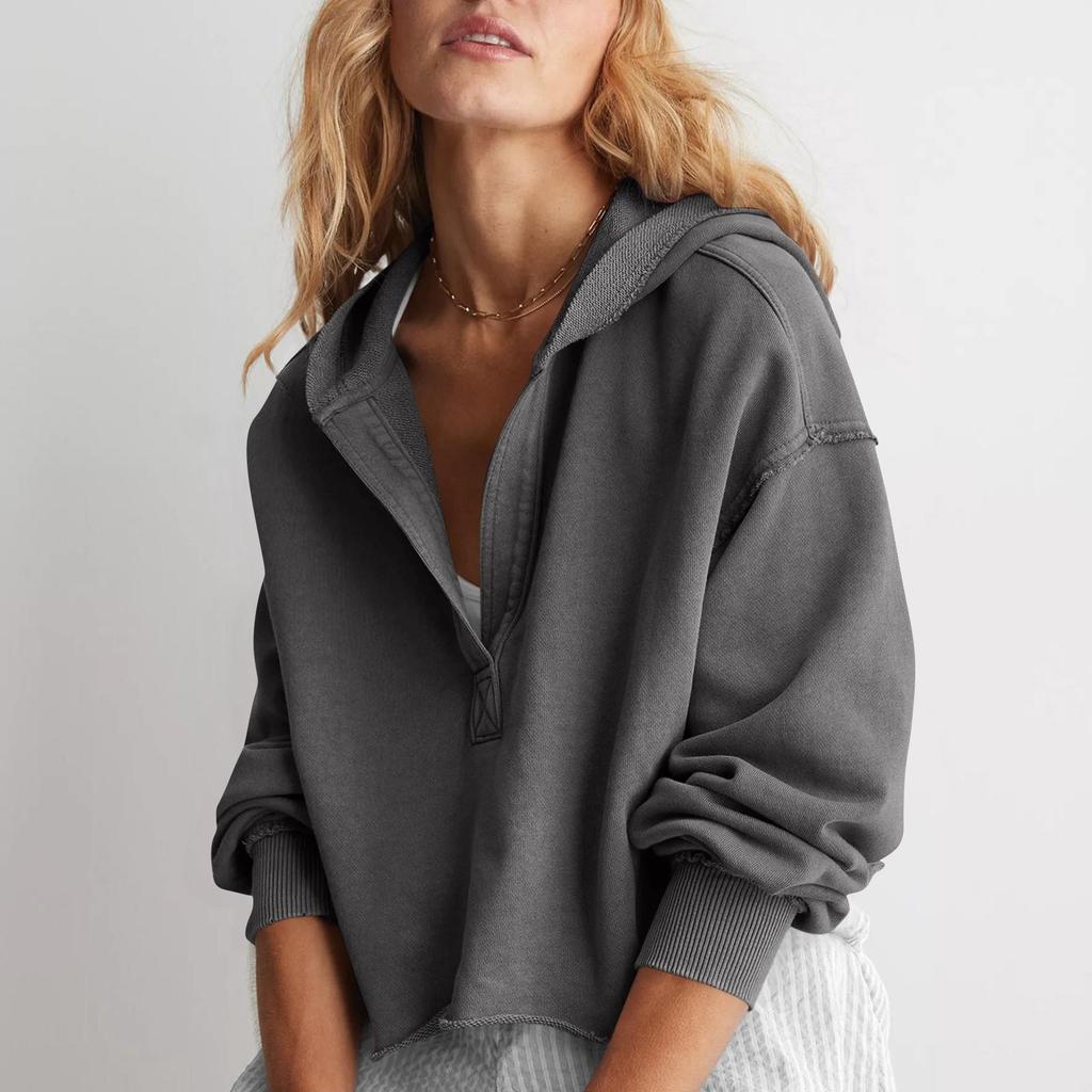 Damska Modna Jednolita Kolorystyka Dekolt V Długi Rękaw Luźny Pulower z Kapturem Krótka Bluza