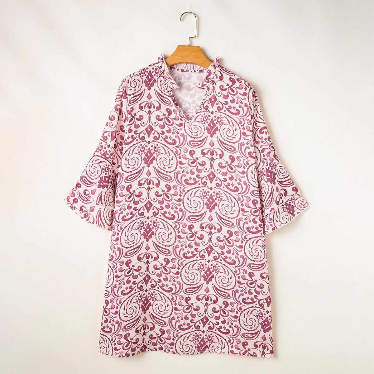 

Shiying Floral V-Neck Pullover Mini Dress with Seven-Sleeves L розовый