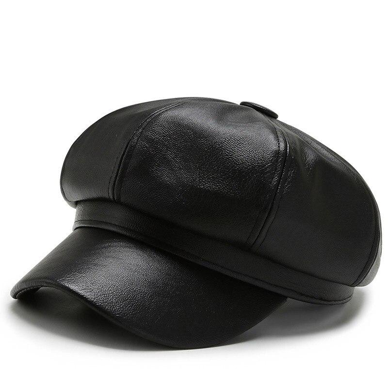 1pc Retro Fashion Women's Pu Leather Octagonal Hat Versatile Autumn And Winter Temperament Big Head Circumference Beret