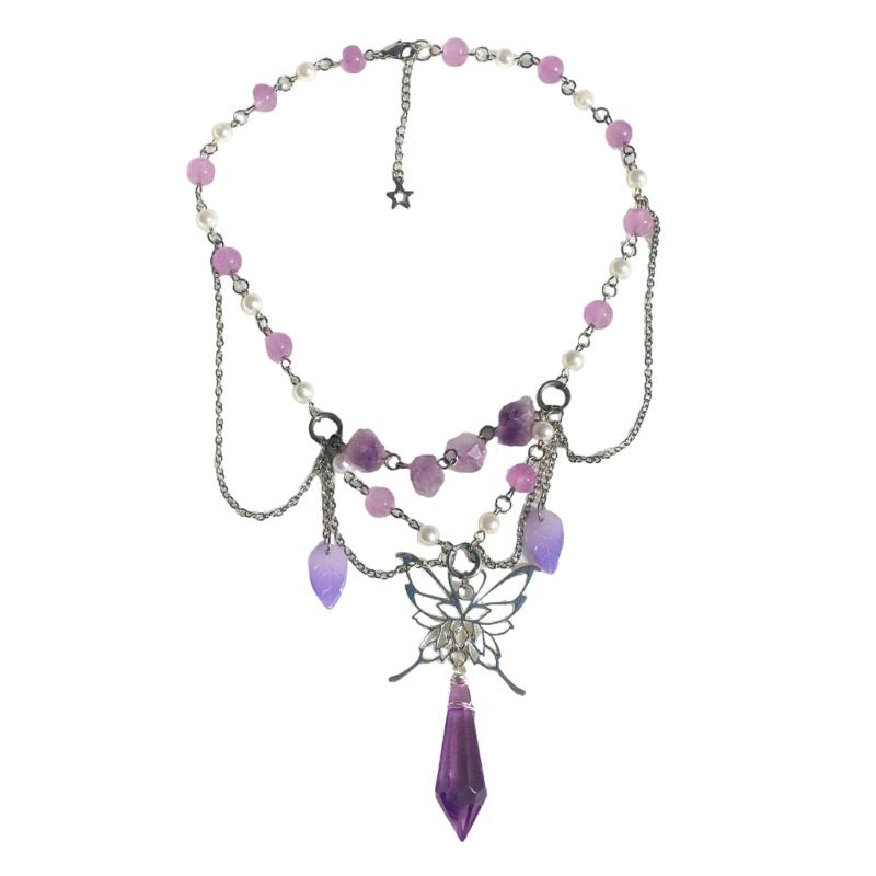 Butterfly Fairy Core Necklace Crystal Beaded Wing Pendant Necklaces Statement Jewelry Cosplay Accessories for Girlfriend