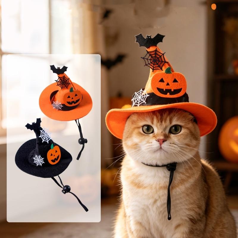 Lovely Pumpkin Theme Witch Hat For Pet Cats Soft Fabric Halloween Costume Accessory Hat Perfect For Cosplay Parties