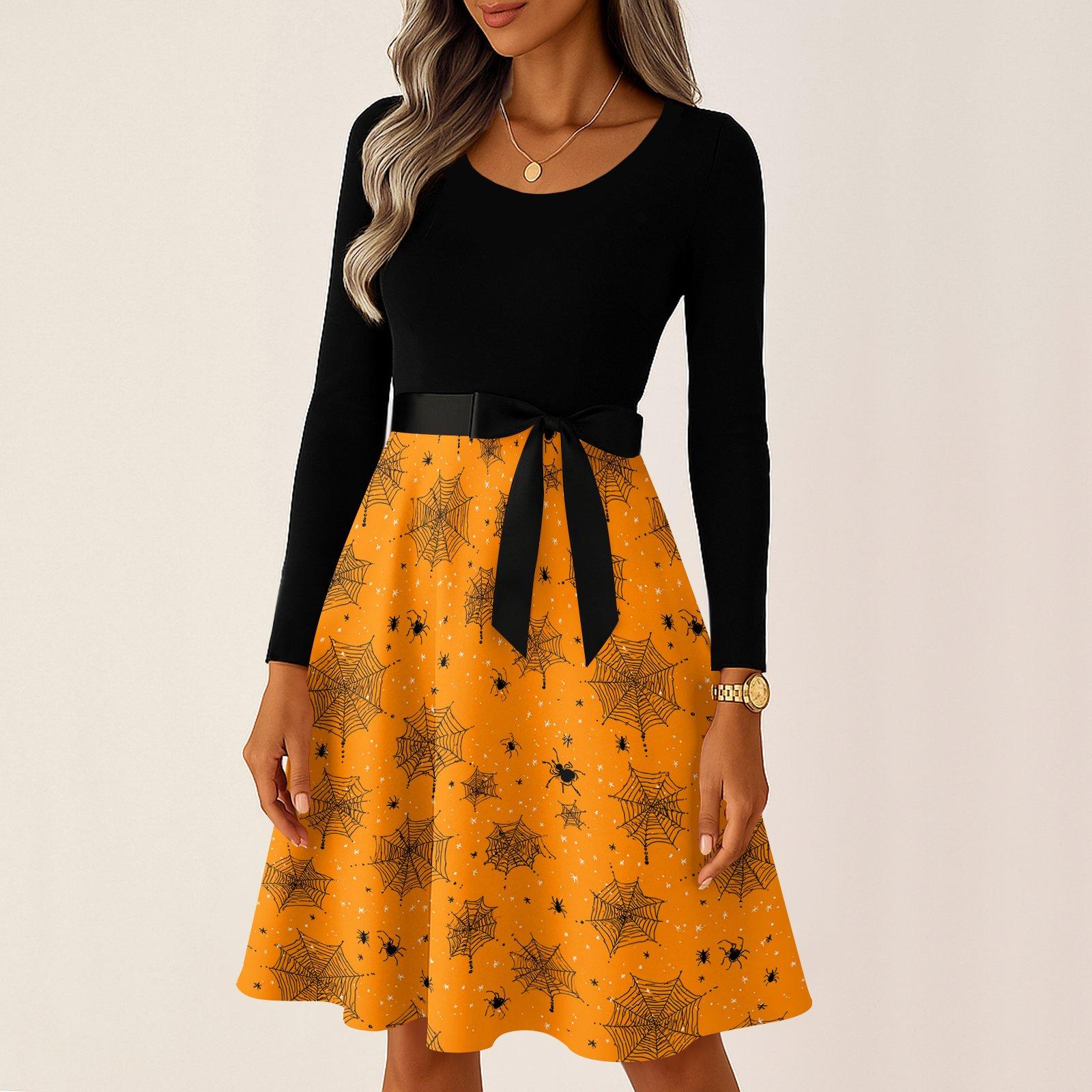 Women Casual Long Sleeve Round Neck Dress Vintage Halloween Skeleton Print Retro Audrey Hepburn Style Dress with Waist Tie XL