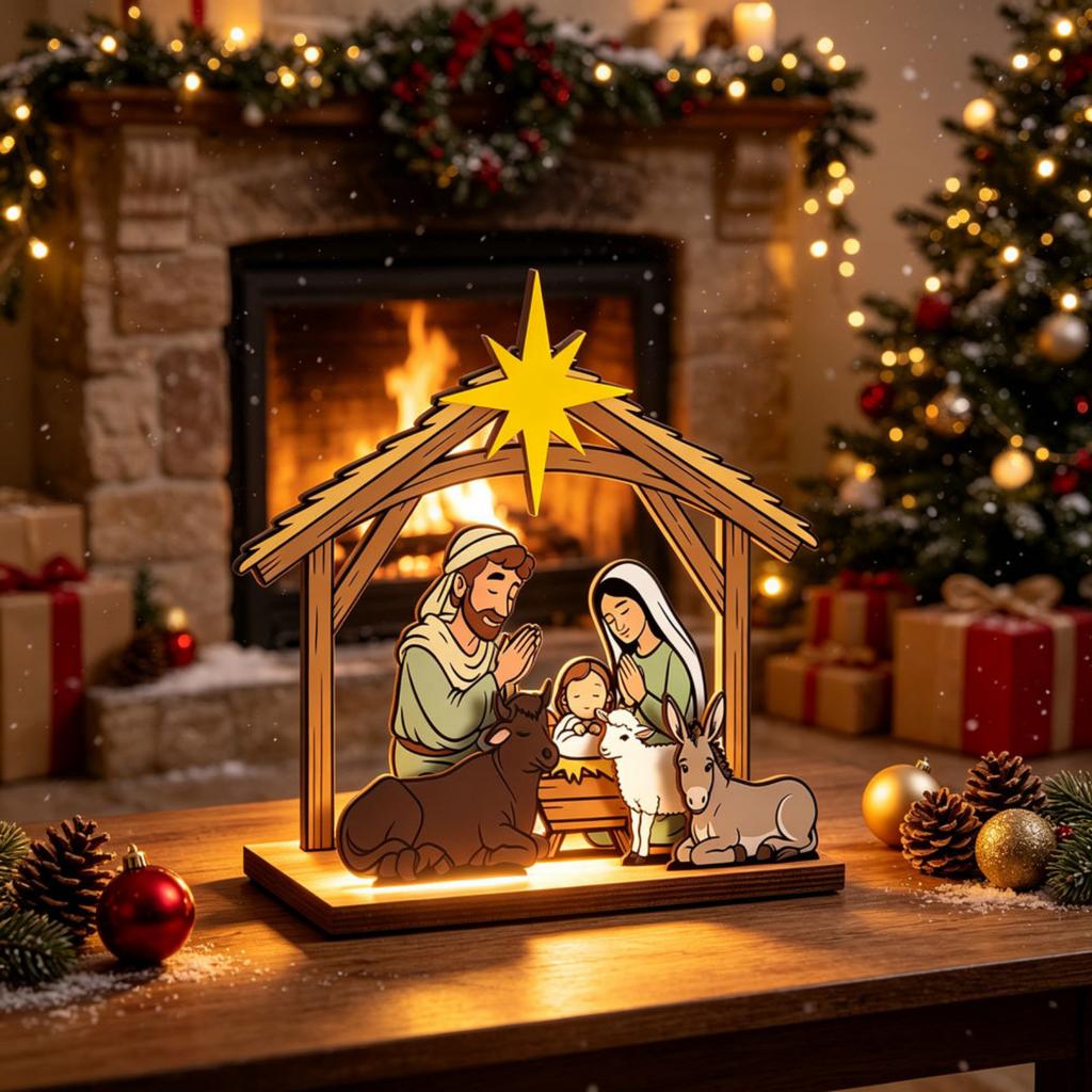 Wooden Scene Light Up Christmas Tabletop Decor Holiday Mantel Decoration