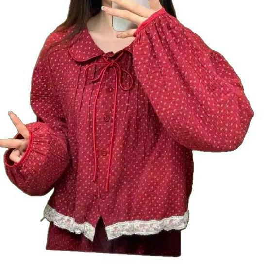 Korean Palace Red Polka Dot Floral Lace Collar Long Sleeve Pajama Set