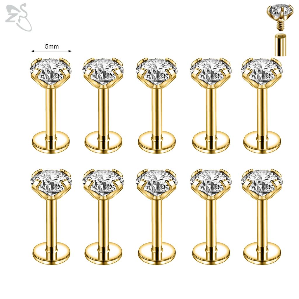 AOEDEJ 10Pcs/Lot Gold Color 16/18G Stainless Steel Labret Lip Stud Set 2/3/4/5/6MM CZ Crystal Helix Cartilage Tragus Piercings