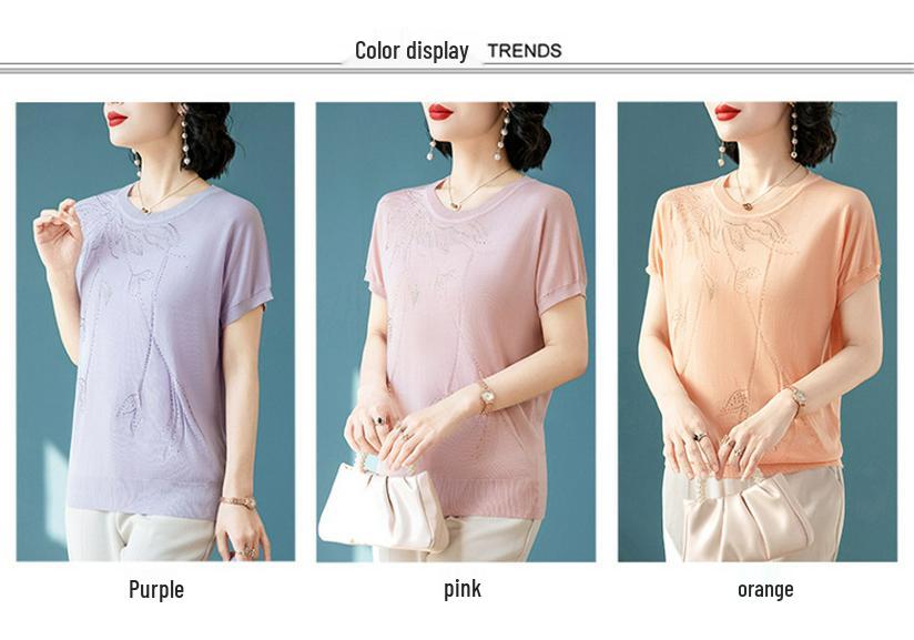 Damen Eisseide Strick-T-Shirt, Kurzarm, Sommerstil für Alter 40-50