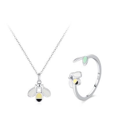 S925 Sterlingsilber Bunter Emaille Niedliche Biene Halskette & Ring Schmuckset für Damen