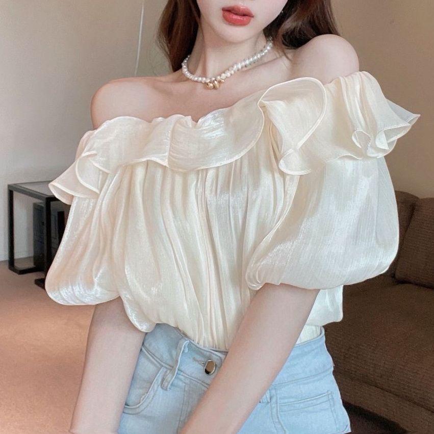 One Shoulder Shirt with A Female Design Sense Niche Top with Ruffled Edges Off Shoulder Chiffon Shirt for Summer