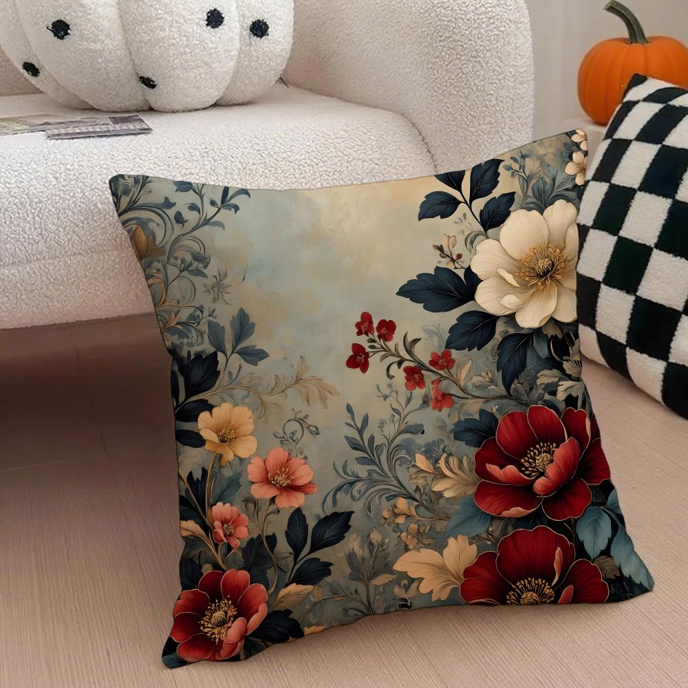 Vintage Floral Pillow Pastoral Style Cushion Cover Throw Pillow Cover Hidden Button Durable Polyester Chair Cushion