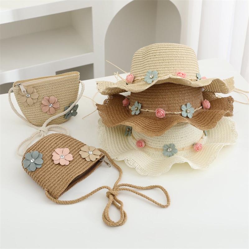 2025 Children's Summer Straw Hat & Crossbody Bag Set: Girls' Fashion, Parent-Child Fisherman Style, Wide Brim Sun Hat.