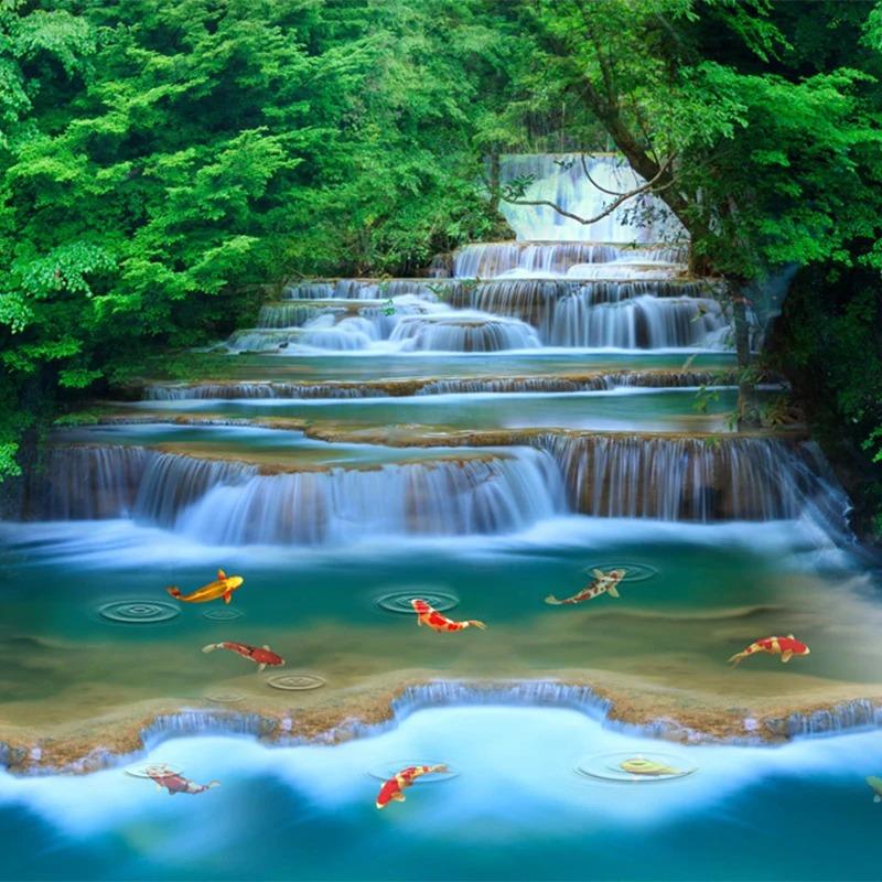 Waterfall Wallpaper Running Water Goldfish Photo Mural Nature Landscape Wall Painting Home Decor Wall Paper
