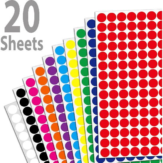 Round Colored Dot Stickers, 3000 Pieces, 1/2 Inch Circle Labels, 10 Colors, for Office Classroom Organization