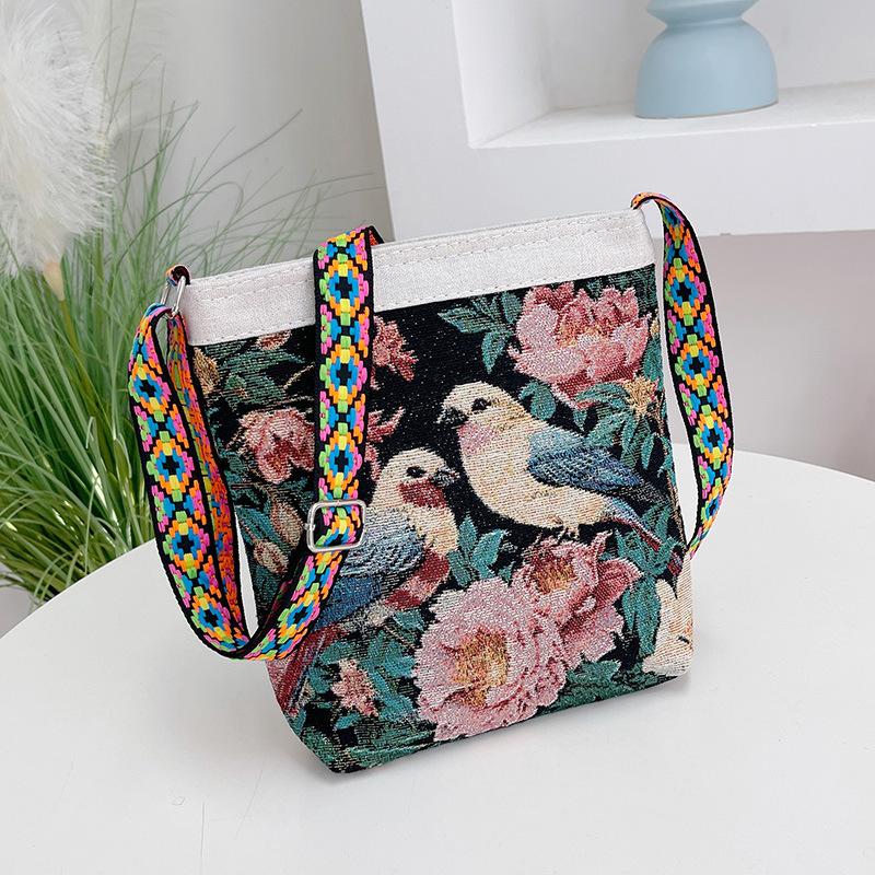 New women's messenger bag going out double-sided flower butterfly casual embroidery ethnic style mobile phone bag