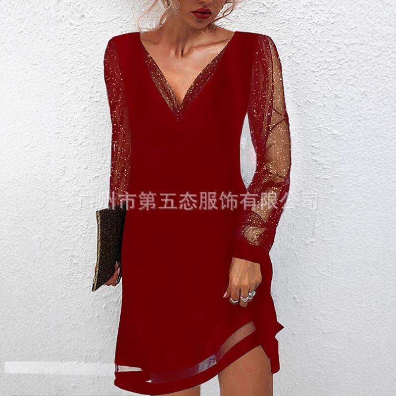 Spring and Autumn New European and American Women's Clothing Sequined Mesh Sleeve V-Neck Pullover Top Fashion Splicing Temperament Dress