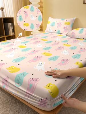 1 Cartoon Cute Animal Cat Printed Matte Fitted Sheet, Bedroom Printed Bed Cover, Bedding (Excluding Pillowcases)