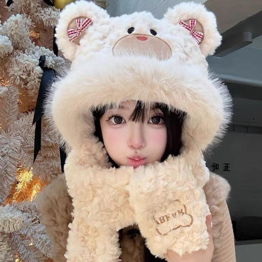 Windproof Gloves Scarf Hat 3-in-1 Winter Plush Scarf NEW Little Bear Hooded Scarf Autumn Winter