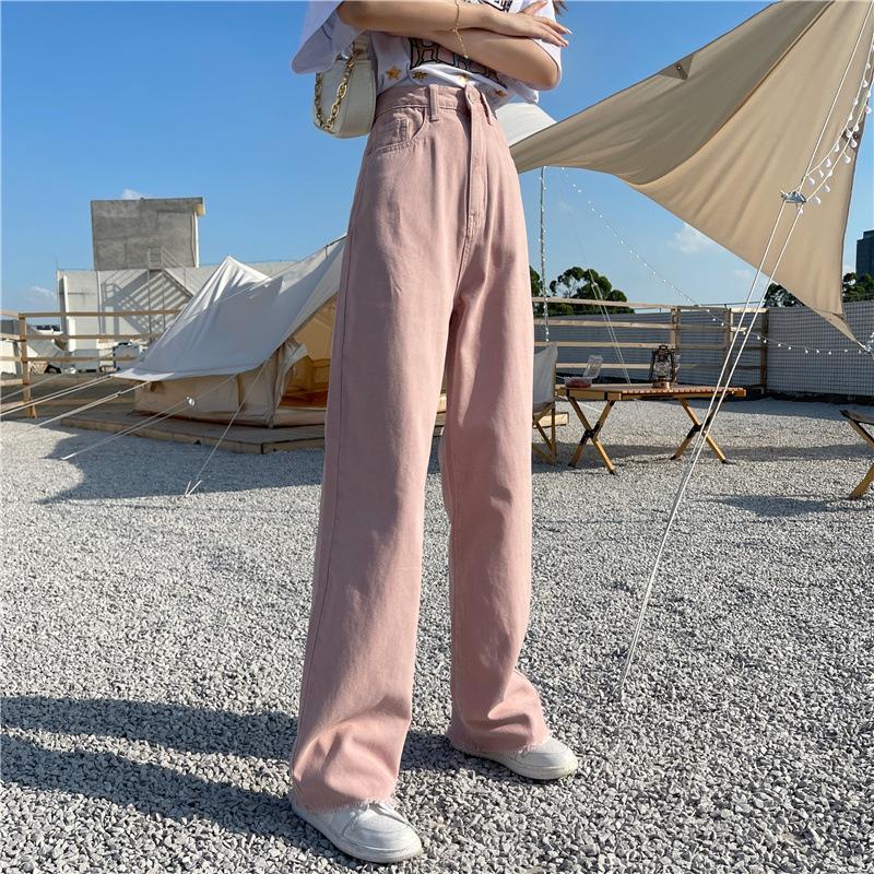 New Korean Style Pink High-waist Jeans for Women with Versatile Straight-leg Casual Sweet and Spicy Wide-leg Pants