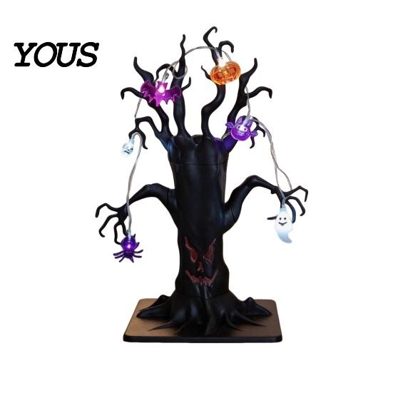 Portable Halloween Night Light Lighted Spooky Dead Tree Tabletop Decor, Ghost Face Haunted Resin Ornaments with Pumpkins Pumpkin Spider LED