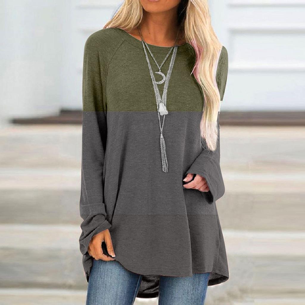Women's Fashion Casual Irregular Patchwork Color Print Loose Medium Long Long Sleeve Top