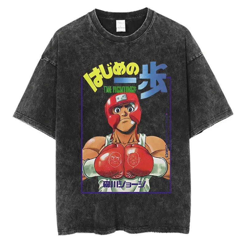 Vintage Cotton Washed TShirt Anime Hajime No Ippo Kamogawa Boxing Gym Loose T Shirts Men Women YK Hip Hop Summer Top Tee