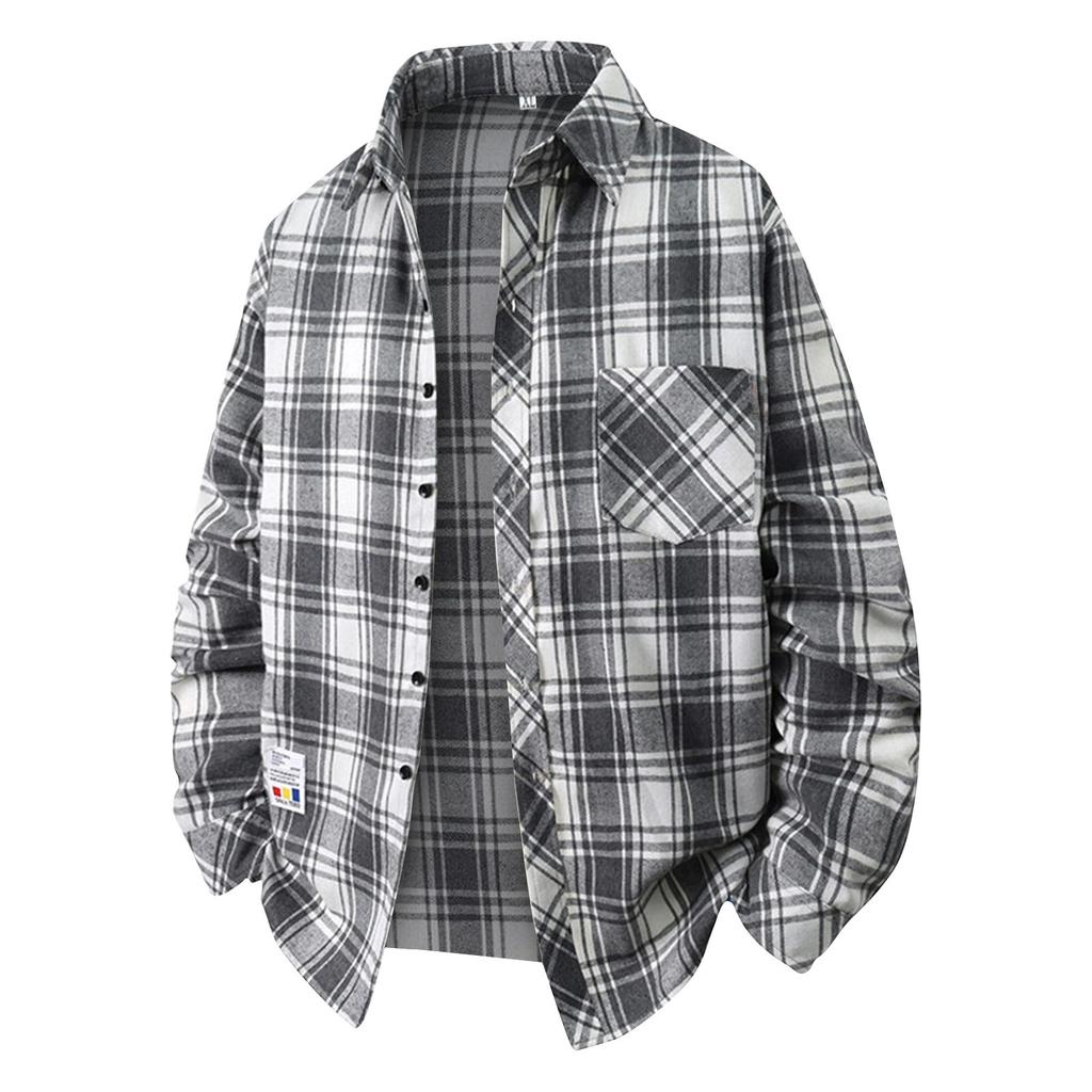 Men's Spring Plaid Youth Fashion Loose Stand Collar Long Sleeve Shirt
