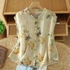 Printed Sleeveless Cotton and Linen Tops for Women Summer New Fungus Collar Literary and Versatile Shirts