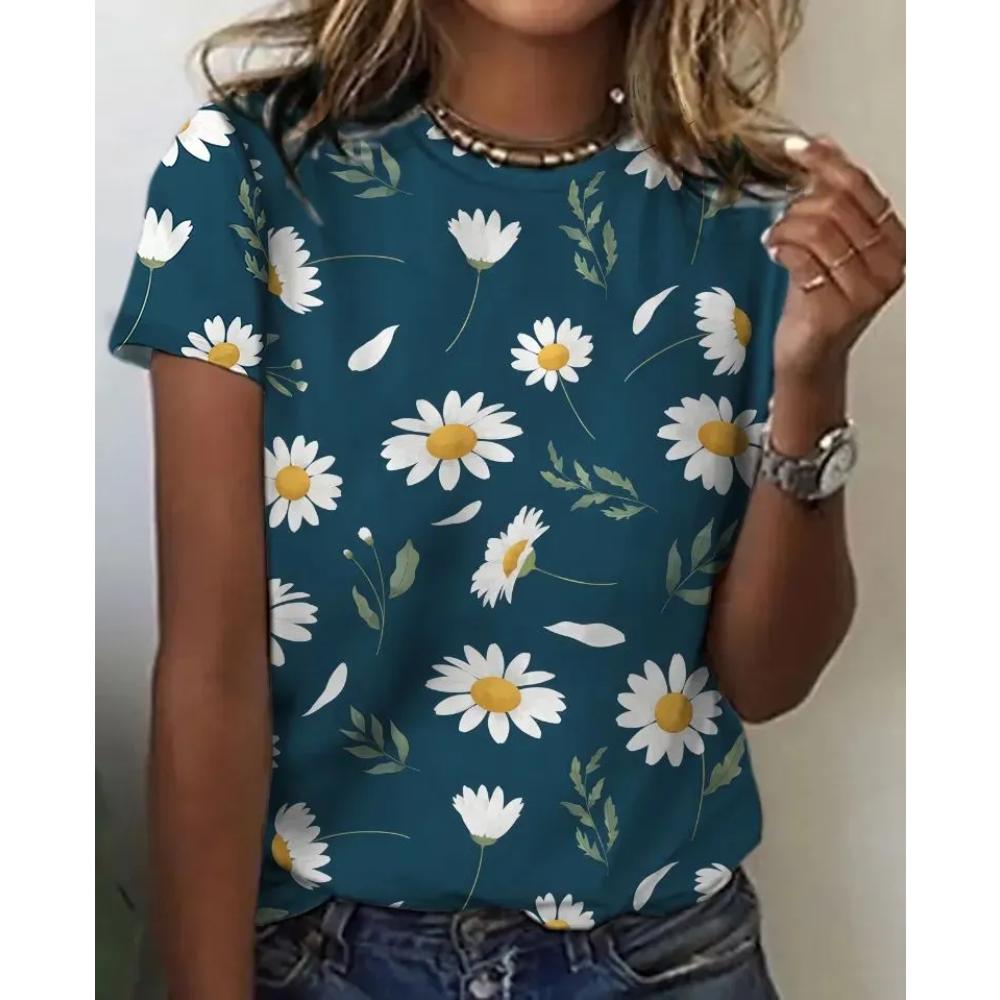 Comfortable Simple Women's Flower Printed Top Casual Breathable Short Sleeve Fashionable Versatile T-Shirts Women’s