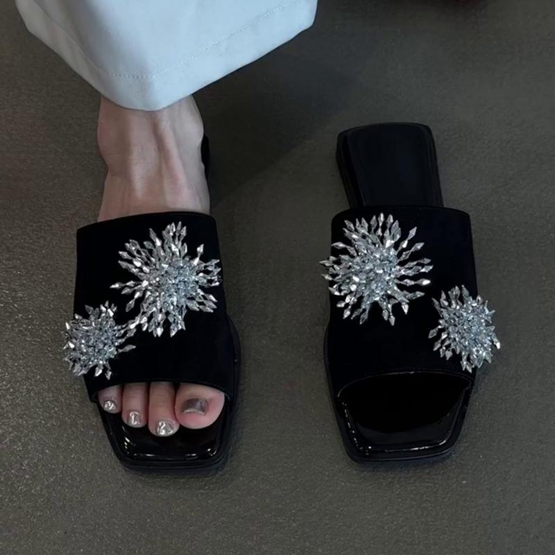 

Версия из овчины~ нишевый дизайн новые стразы квадратный носок цветок шлепанцы с открытым носком женские универсальные для работы шлепанцы на одной педали 40