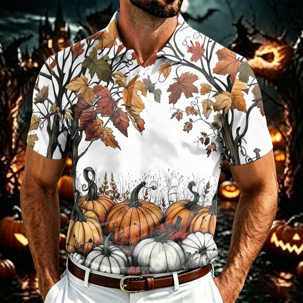 Men's Halloween Print Polo Shirt Lightweight Breathable Mesh Short Sleeve Collared Shirt Casual Summer Top