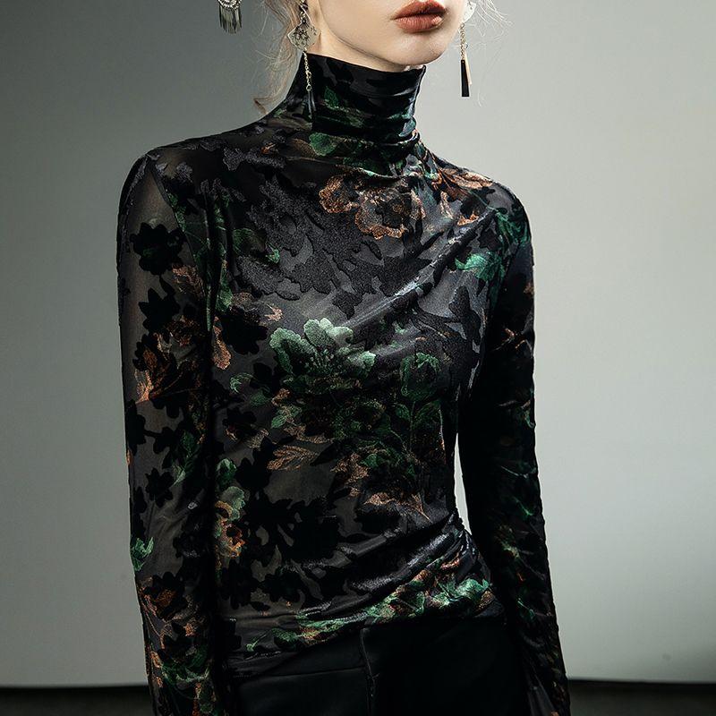 Women Clothing Vintage Elegant Flower Flocking High Collar Basic T-shirt Autumn Winter Sexy Mesh Long Sleeve Slim Pullover Tops