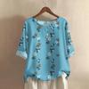 Camicia alla moda e casual da donna a maniche corte con scollo rotondo e stampa, blusa top in cotone e lino