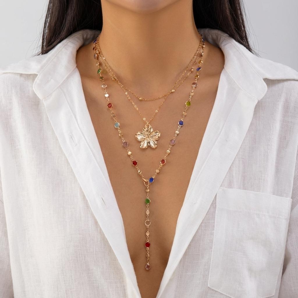 Sexy Long Y Shape Tassel Necklace For Women Gold Color Metal Flower Pendant Rainbow Beaded Chain Choker Girls Party Body Jewelry