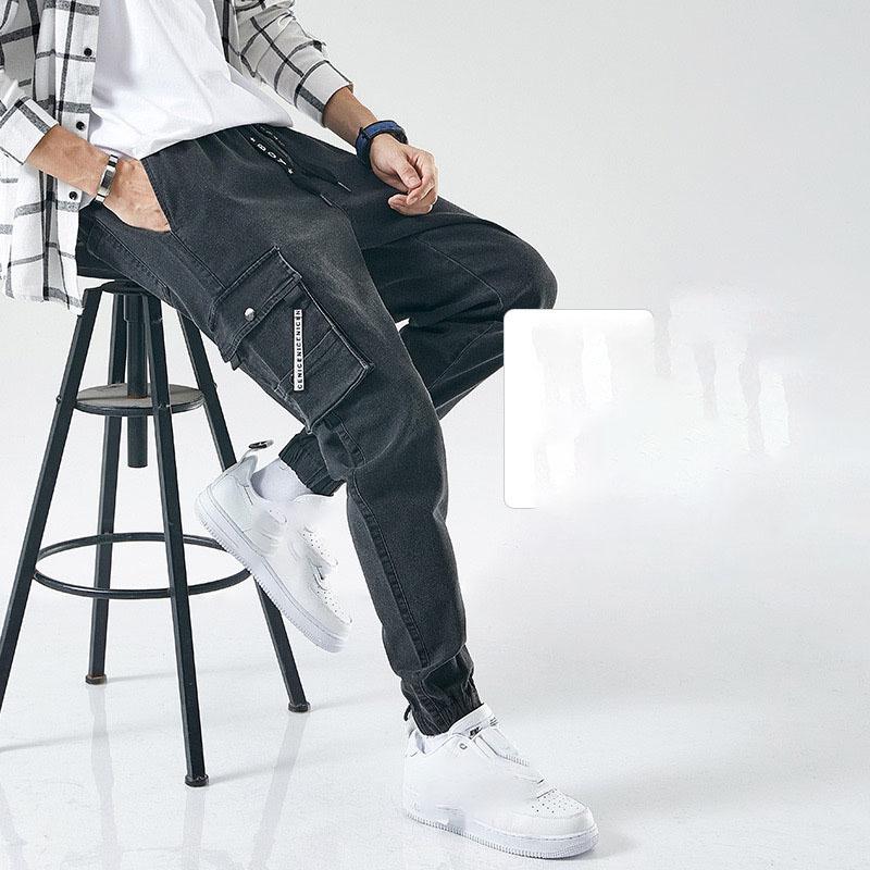 Spring Autumn Men's Jeans Multi-Pockets Work Wear Cargo Pants Black Blue Elastic Waist Denim Joggers Big Size Jean Trousers 8XL