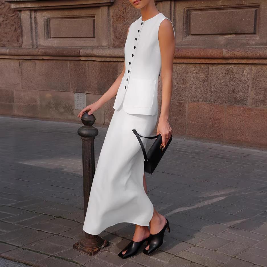 European and American New White Fashion Casual Suit Women's Design Sense Waist Vest Split Straight Skirt Two-piece Set