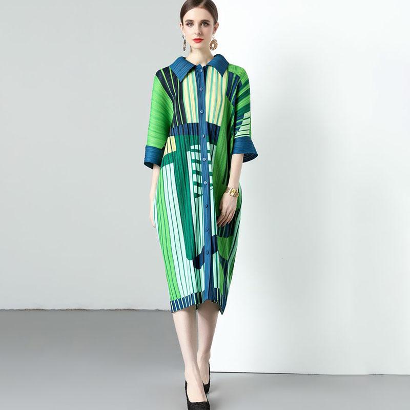 

Весна/лето Женское платье с принтом Высококачественное плиссированное длинное платье с высокой эластичностью Однобортное свободное платье-рубашка с цветными лацканами one size зелёный