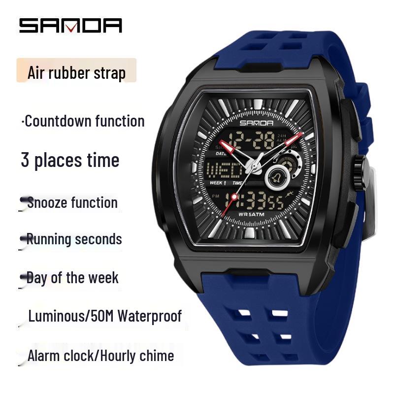 Sanda Men's Sports Barrel-Shaped Luminous Countdown Watch with Triple Time Zone and Dual Display, Waterproof Design.