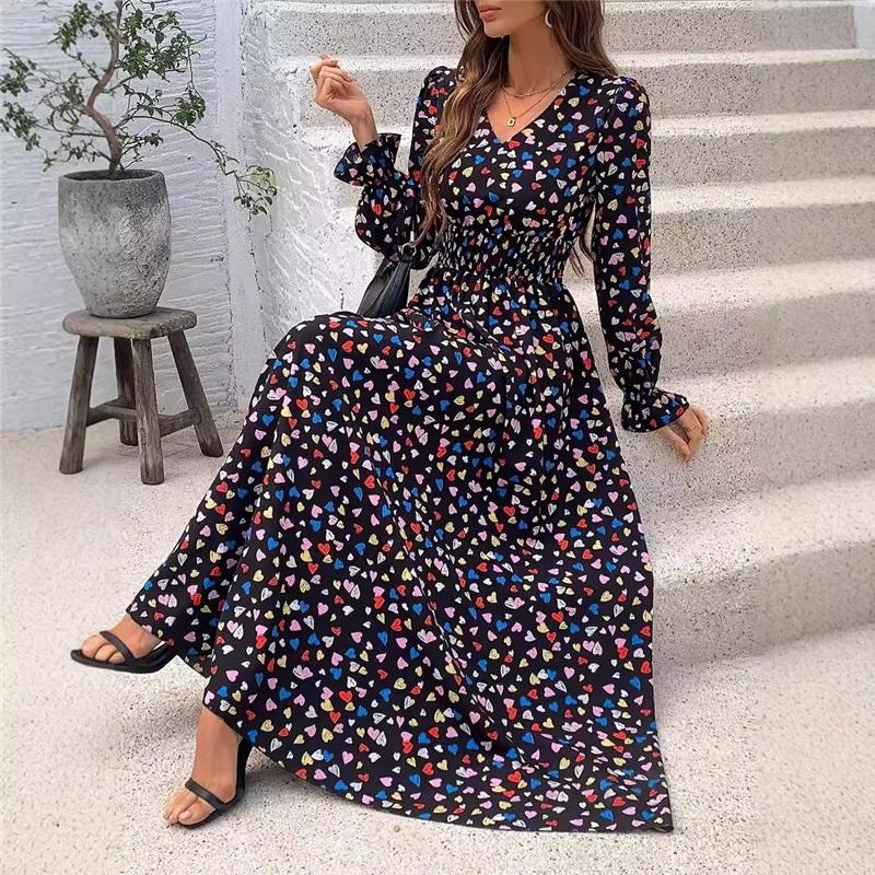 European And American Women's Summer Printed Long Skirt, V-neck, Long-sleeved, Big Swing Dress, Loose Temperament, Elegant Long Skirt