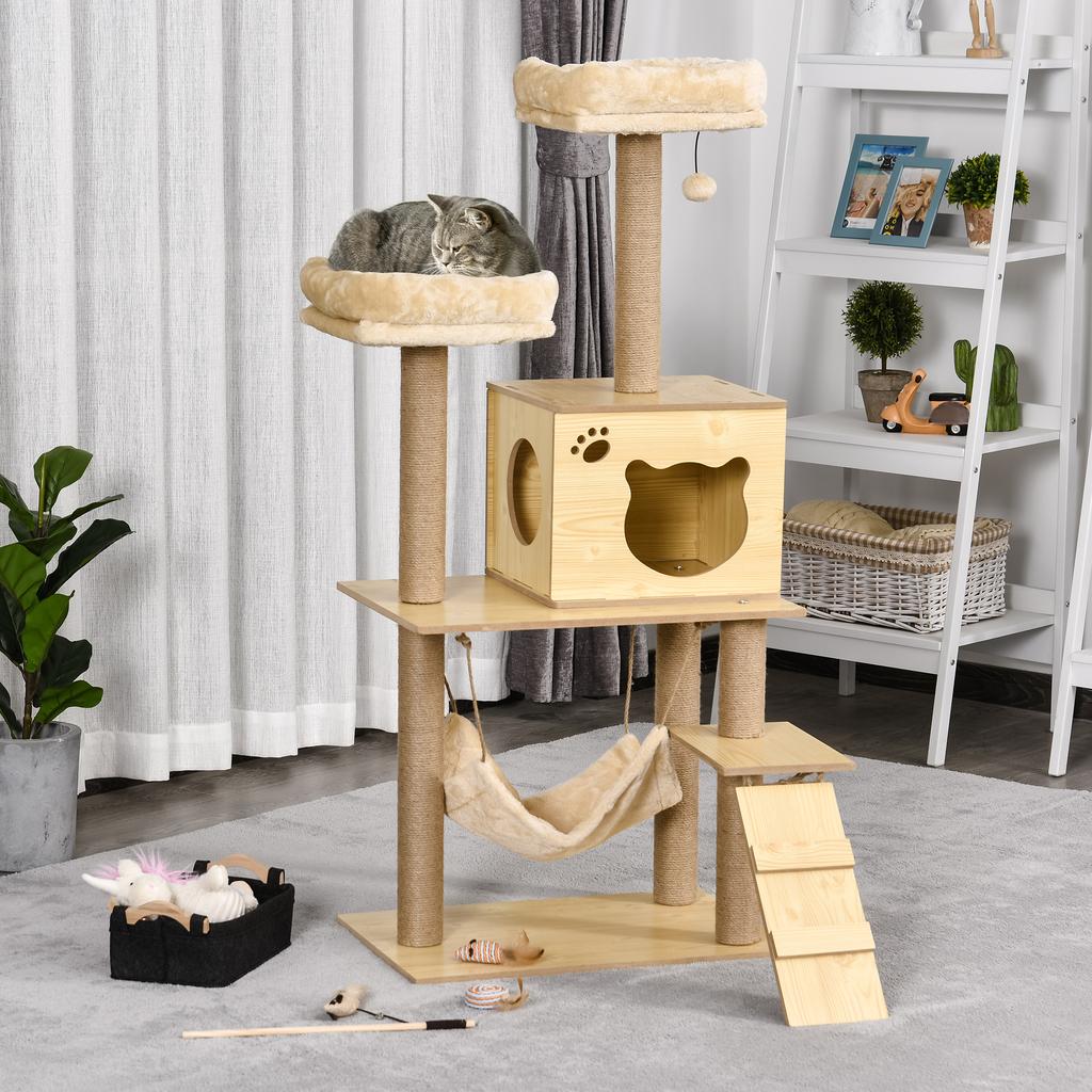 Cat Scratching Post with House, 2 Beds, Hammock and Ball, Made of Wood, Polyester and Sisal, 60x40x130 cm