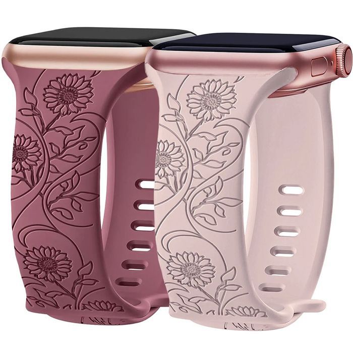 2x Bracelet pour Apple Watch 38mm-40mm-41mm Series 9 8 SE 7 6 5 4 3 2 1 / 42mm (Serie 10) Silicone Motif Tournesol Rose/Violet